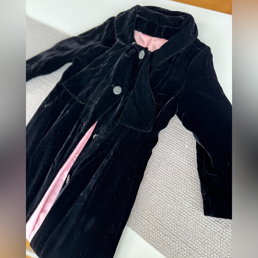 Vintage Black Velvet Tie Neck Ankle Length Dress Coat Size Small - Picture 5 of 15